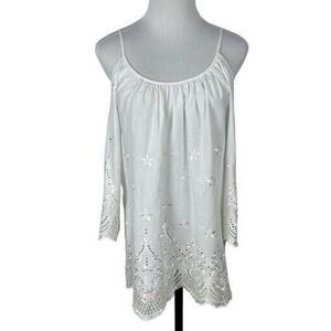 Karen Kane White Eyelet‎ Embroidered Peasant Blouse Womens M Boho Cotton
